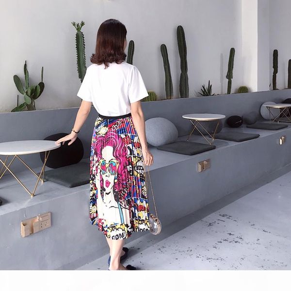 

cr 2019 spring new-coming europen cartoon pattern high elasticity pleated skirt high street style a-line mid-calf christmas y190428, Black