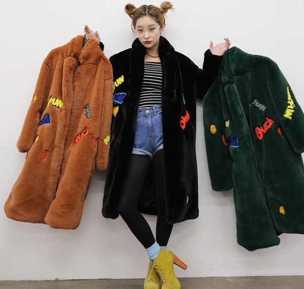 

women's fur & faux abrigo mujer long section jacket for womens letter printing embroidery warm women man-made coat j29051, Black