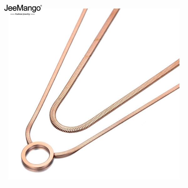 

chains jeemango bohemia titanium stainless steel double layer circle choker necklaces fashion snake chain necklace for women jn20001, Silver