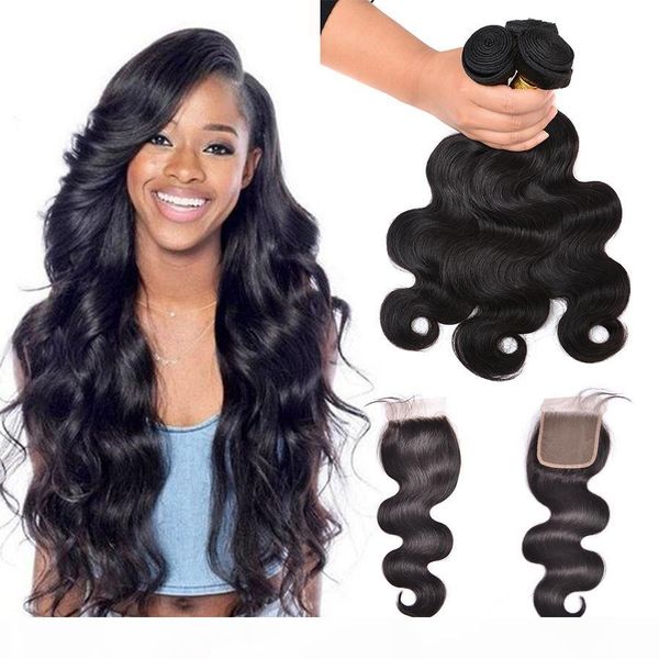 

brazilian body wave with closure 3bundles lot brazilian human hair bundles lace closure good quality body wave hari extensions, Black;brown