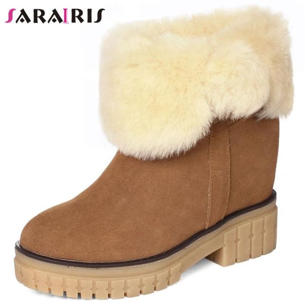 

sarairis winter new female warm fur boots snow boots women platform square heels height increasing high heels ankle shoes woman, Black