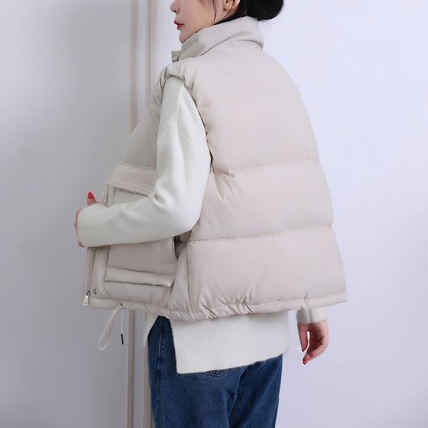 

stand collar winter women's short style vest solid cotton padded thick sleeveless jacket women big pockets casual outwear ladies 201027, Black;white