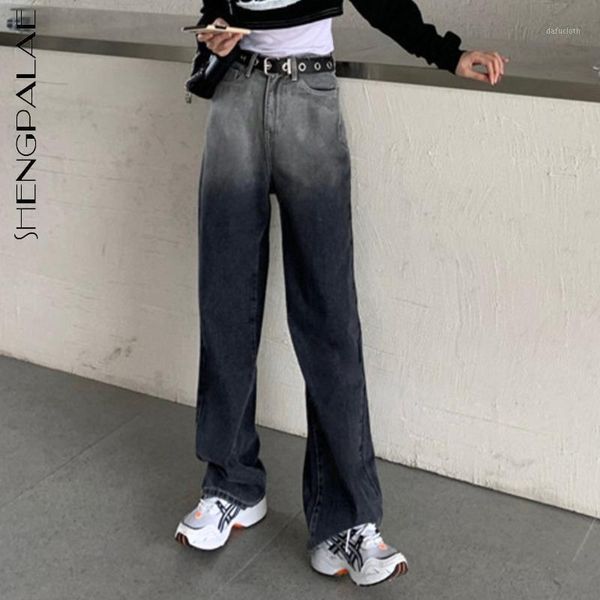 

shengpalae black grey gradient color jeans spring 2021 straight tube loose high waist femela streetwear mops cowboy pants 5a8941, Blue