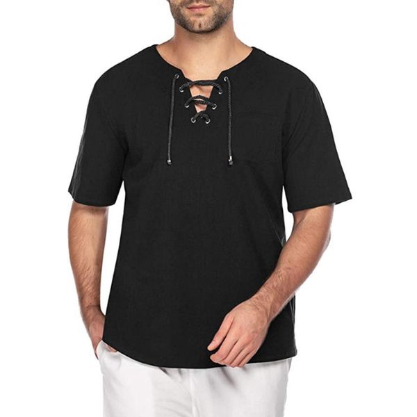 

men's t casual summer solid color short sleeve bandage pocket linen t-shirt 2020 male shirt men clothing 3xl, White;black