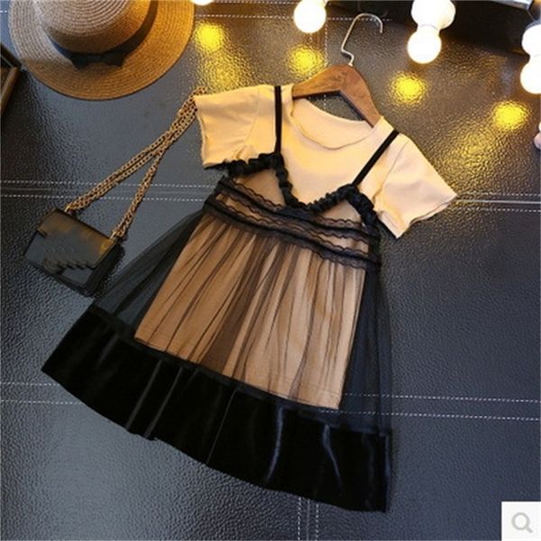 

new arrival girl fashion two pieces dress suit long t-shirt+lace dress lj200825, Red;yellow