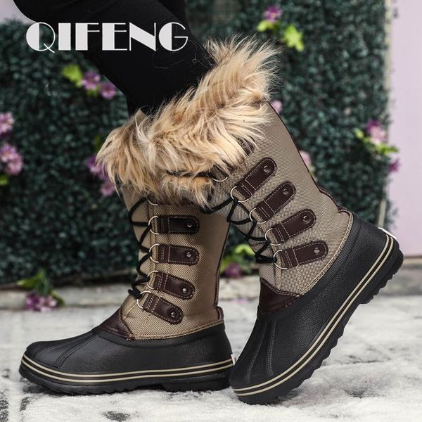 

women snow boots fashion winter outdoor boots female snow plush keep warm lace-up casual trendy knee high mid-calf, Black