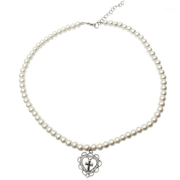 

gothic harajuku punk pendant with pearl chain hollow love cross heart pendant retro cut cross choker necklace jewelry for women1, Golden;silver
