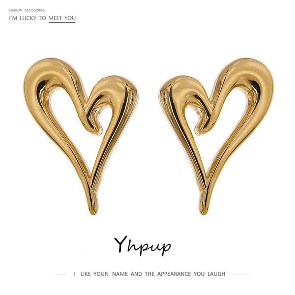 

yhpup brand heart hollow stud earrings simple cute metal temperament earrings for women aretes de mujer modernos 2021 gala gift, Golden;silver