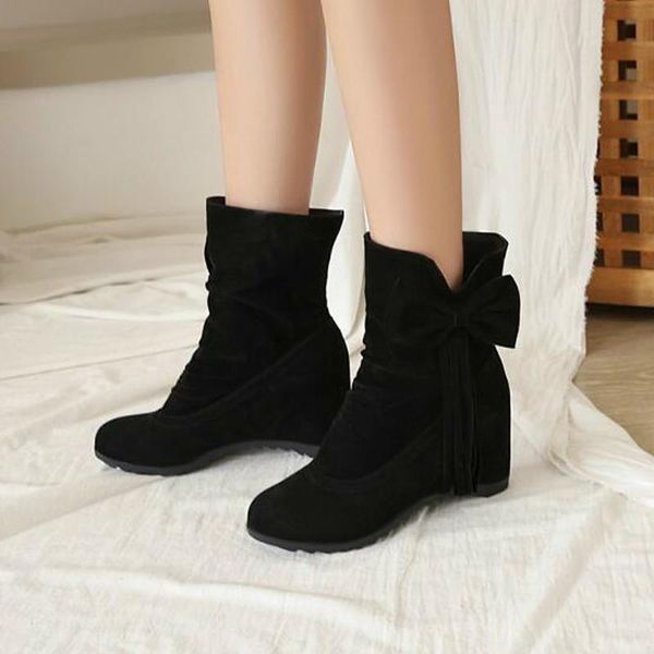 

women ankle boots flats chaussure pu leather plus size autumn height incleasing wedges shoes woman zapatos mujer sapato d2054, Black