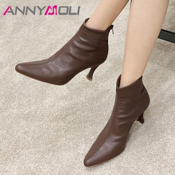 

boots annymoli real leather high heel ankle women shoes pointed toe stiletto heels zipper short lady white winter size 40, Black