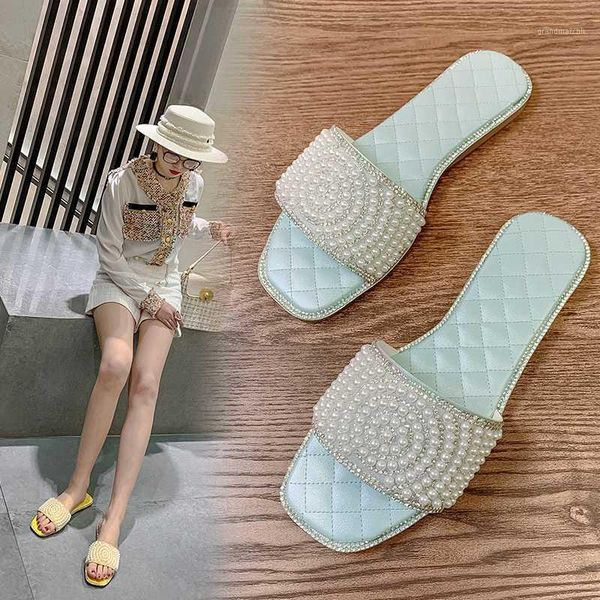 

slippers 2021 summer women's plaid pearl flat sandals female casual flip flops shoes slides beach shoes1, Black