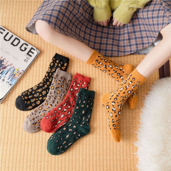 

new in autumn winter of 20 leopard print medium cylinder wool with plush and thickened warm stockings women's socks, Black;white