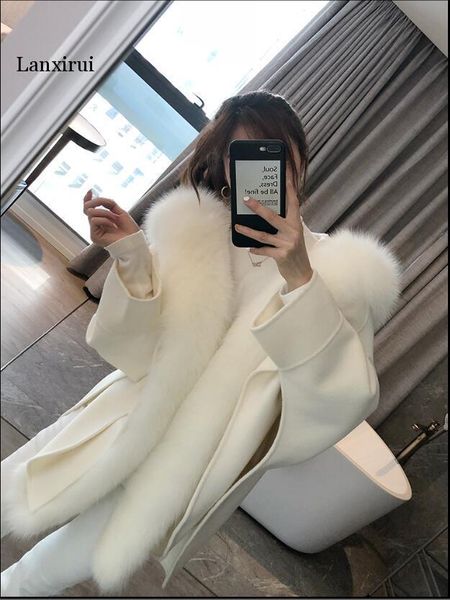 

casual winter jacket women natural real fur collar cashmere wool blends outerwear coat streetwear loose cloak, Black