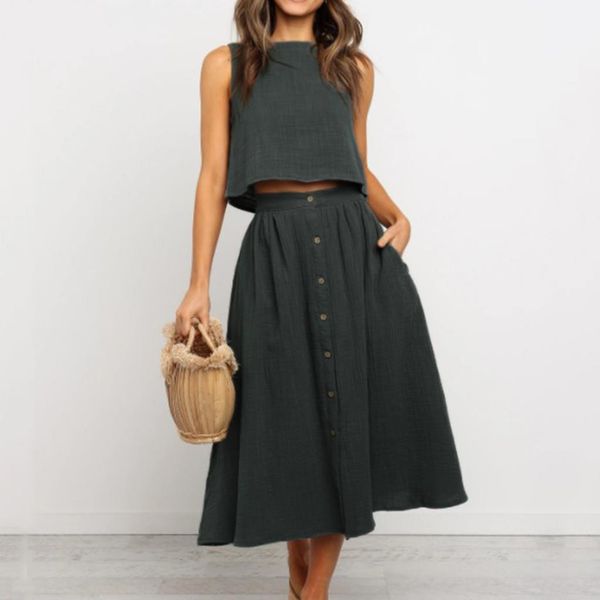 

summer women skirt suit solid color lace off shoulder pajamas blouse dress 2 pieces set outdoor travel skirt #g3, Gray