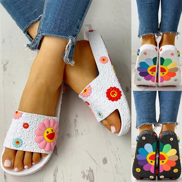 

summer slippers women cute sunflower flat flip flops ladies soft slides shoes female print floral beach casual sandals #bl3 y200706, Black