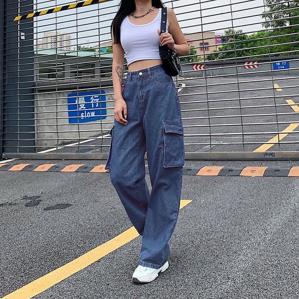 

women's jeans 2021 arrivals woman autumn winter high waist ladies cotton double pockets solid street denim loose stright pants, Blue