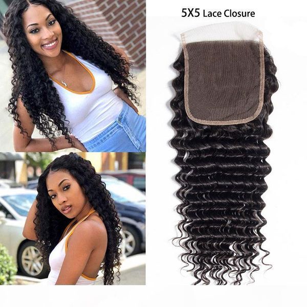

brazilian virgin hair 5x5 lace closure deep wave natural color five by five closures 8-22inch, Black;brown