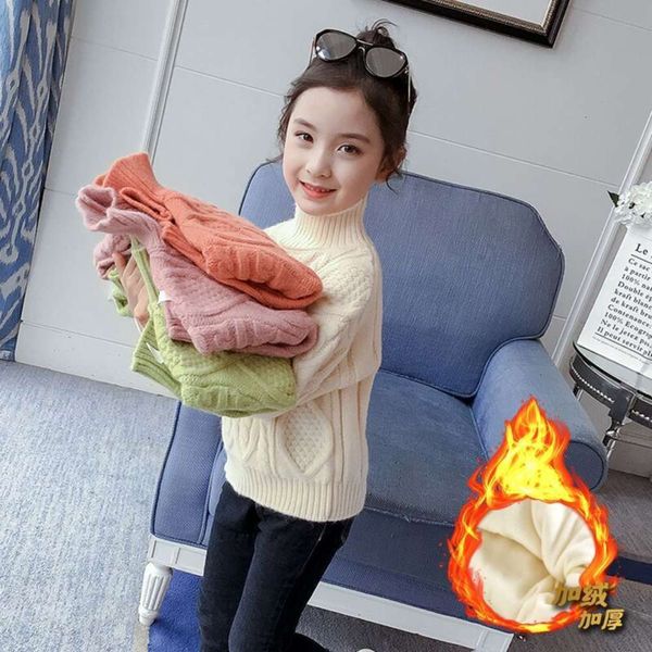 

middle twist children's neck winter sweater cloth plush school vertical collar knitting girl's student's bottom shirt 8, Blue