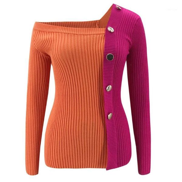 

women long sleeve off shoulder sweater button decor contrast color knitwear e56b1, White;black