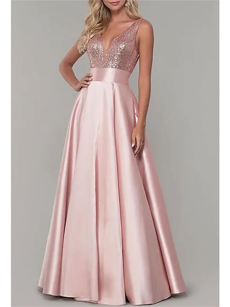 

a-line sparkle prom formal evening dress v neck sleeveless floor length satin with pleats sequin 2022, Black