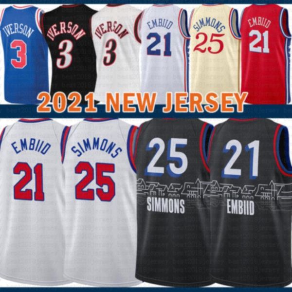 

2021 new joel 21 embiid basketball jersey ben 25 simmons mens allen 3 iverson mesh julius 6 erving retro white, Black;red