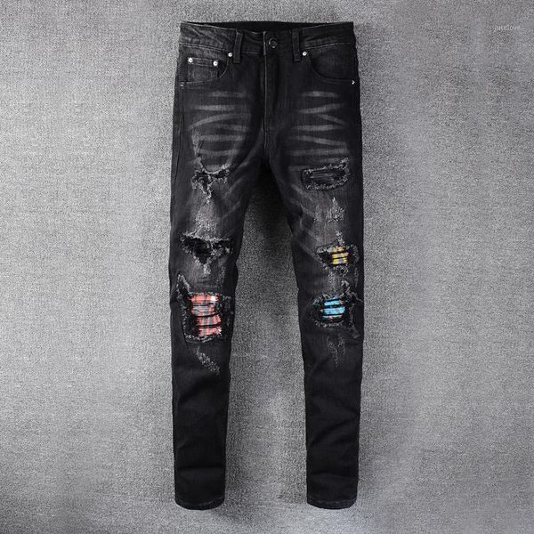 

newly designer fashion men jeans black color slim fit elastic ripped jeans men denim punk pants patchwork designer hip hop1, Blue