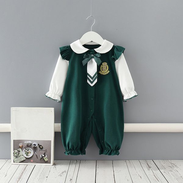 

2021 new 0-18m baby girl england style peter pan collar newborn romper long sleeve jumpsuit playsuit outfit clothes with tie yydx, Blue