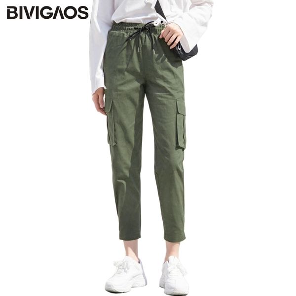 

bivigaos new women harajuku stylish cargo pants korean overalls trend fashion casual slim harem pants magic tape ninth pants 201109, Black;white