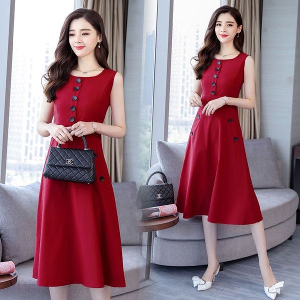 

new simple slim women's dress 2019 summer medium long ol commuting professional a-line dress temperament durgw, Black;gray