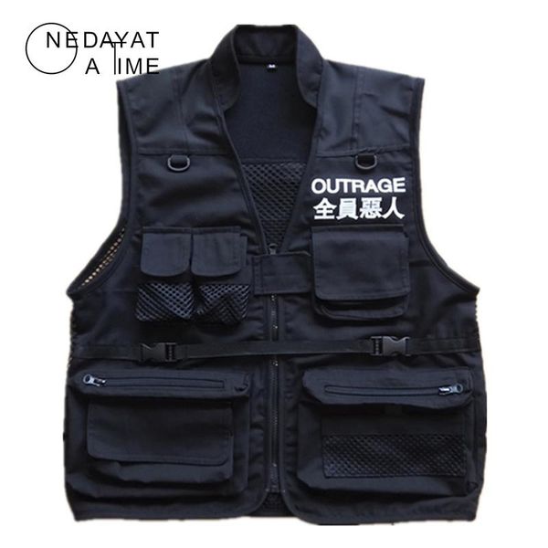 

men coat sleeveless jacket casual chinese character vest coat high street pockets vests cargo waistcoat zipper jacket, Black;white