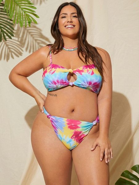 

plus tie dye keyhole front bikini swimsuit r5i7#, Black