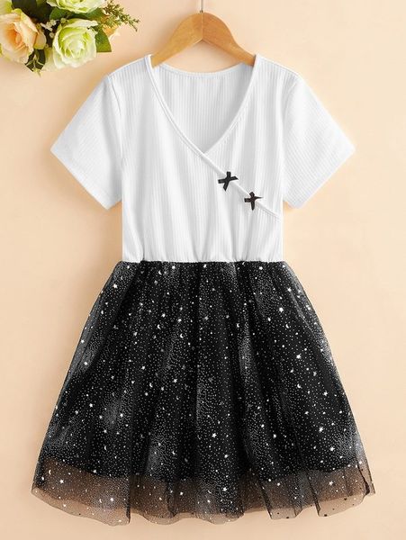 

girls bow detail overlap collar star mesh hem dress she, Red;yellow