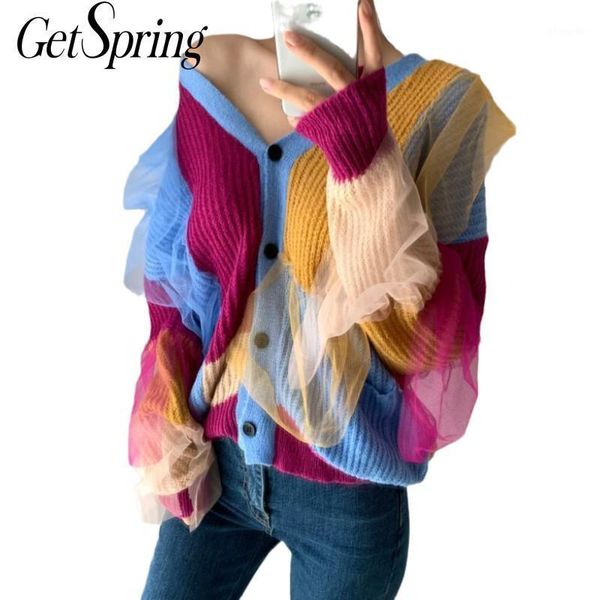

getspring women sweater v-neck mesh patchwork cardigan sweater women v-neck vintage color matching knitting 2020 new1, White