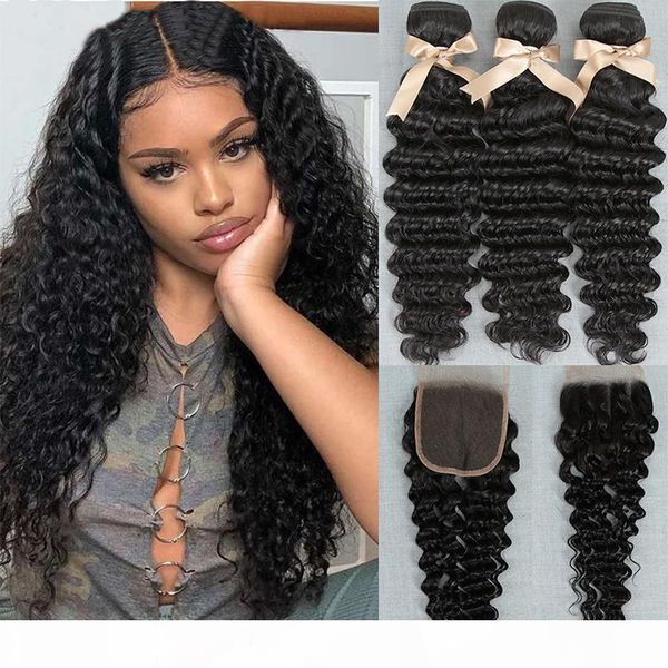 

deep wave braizilian virgin hair bundles with closures human remy hair bundles with closure natural color, Black