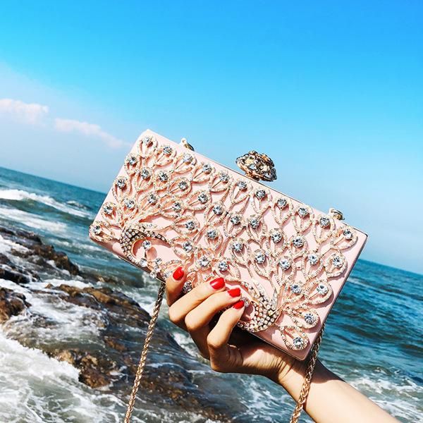 

luxury dazzling gold crystal women peacock day clutches handbag metal evening bags lady party wedding bridal purses