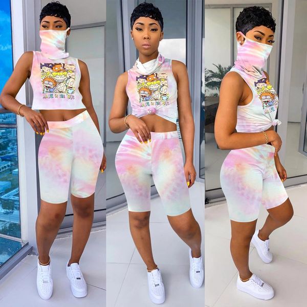 

wjustforu 6 color wholesale clothes print sport tracksuit women sleeveless tank + biker shorts women set casual 2 piece set 201012, White