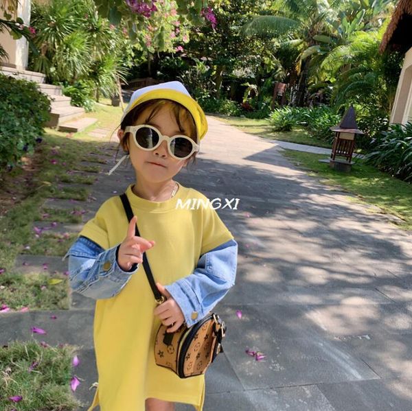 

2020 korea style girls denim patchwork dress fashion cotton autumn girls dresses 3-8 years f584, Red;yellow