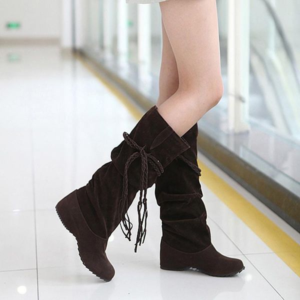 

boots 4 colors fringe 2021 low heel tassel moccasin flat knee high women plus size 35~43 drop, Black