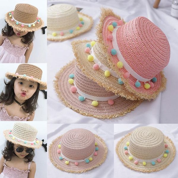 

outdoor hats girls summer straw hat wide brim tassel balls floppy panama cap for beach hv99, Black;white