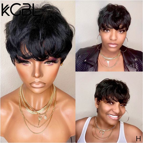 

kgbl 13*4 pixie natural color lace front human hair wigs 8'' 150 180 density with baby hair brazilian non-remy medium ratio wigs, Black;brown