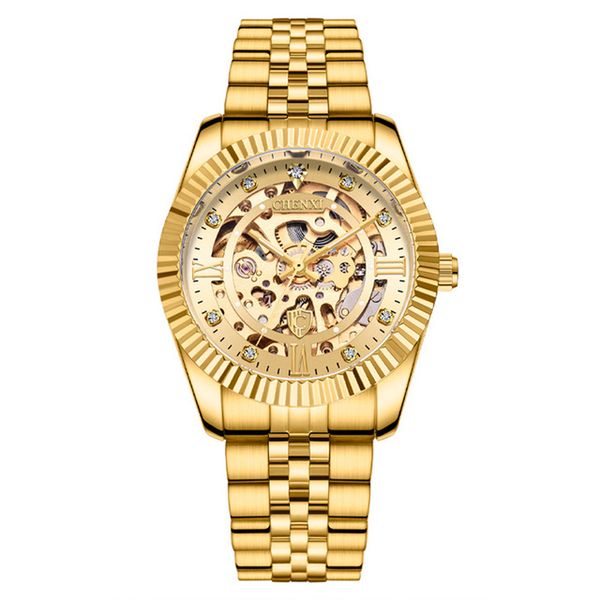 

chenxi skeleton hollowout wristwatch automatic movement business 001 sports watch gold silver stainless steel buckle analog dial, Slivery;brown