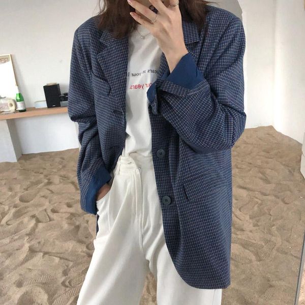 

women's suits & blazers vintage blue plaid suit jacket women blazer elegant single-breasted back split female 2021 autumn winter outwea, White;black