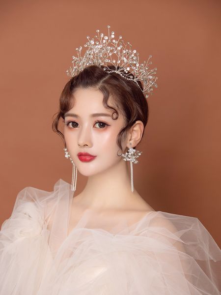 

mengyao bride korean hairdressing exquisite hair band handmade grand crown earring set wedding dress accessories, Silver