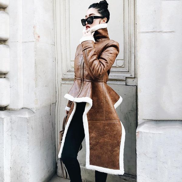 

ins amazon shearing faux leather fur lining coat women brown slim fit double face fake sheepskin winter long coat women jacket1, Black