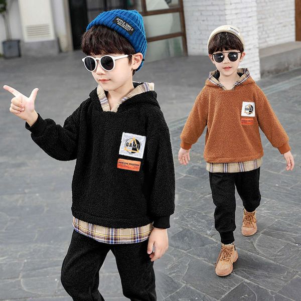 

korean boys' sweater 2020 plush new hooded y children's winter pullover fashion, Black