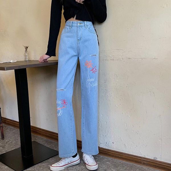 

women's jeans sml 2021 korean style women floral print ripped denim pants casual high waist for straight female (f8062), Blue