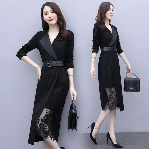 

casual dresses lace patchwork dress 2021 autumn spring women long sleeve v-neck party with belt, Black;gray