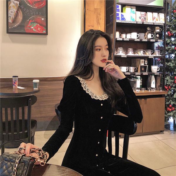 

2021 new velvet black long sleeve lace women warm midi spring korean one-piece female wedding party dress z3jo, Black;gray