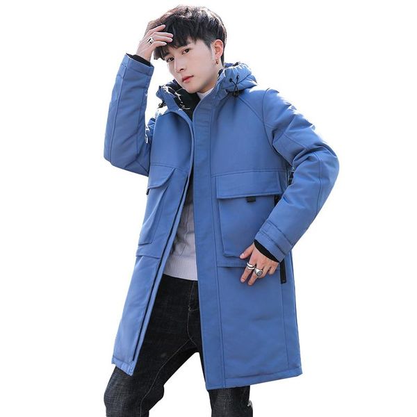 

men's down & parkas 2021 men long warm white-duck padded jacket solid 4 colors hooded male big pocket overcoat windbreaker jackets, Black