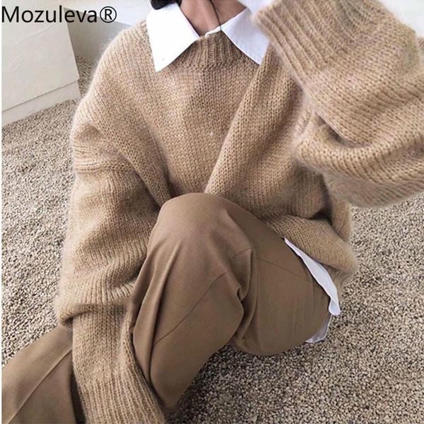 

mozuleva new 2020 autumn winter women elegant labeling loose sweater female solid color o-neck full sleeve warm pullover femme1, White;black